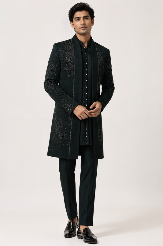 Black Embellished Indo-Western Sherwani Set