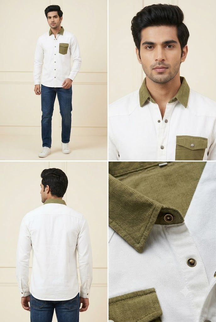 Men’s Premium Off-White Casual Shirt with Olive Collar & Pocket Detail