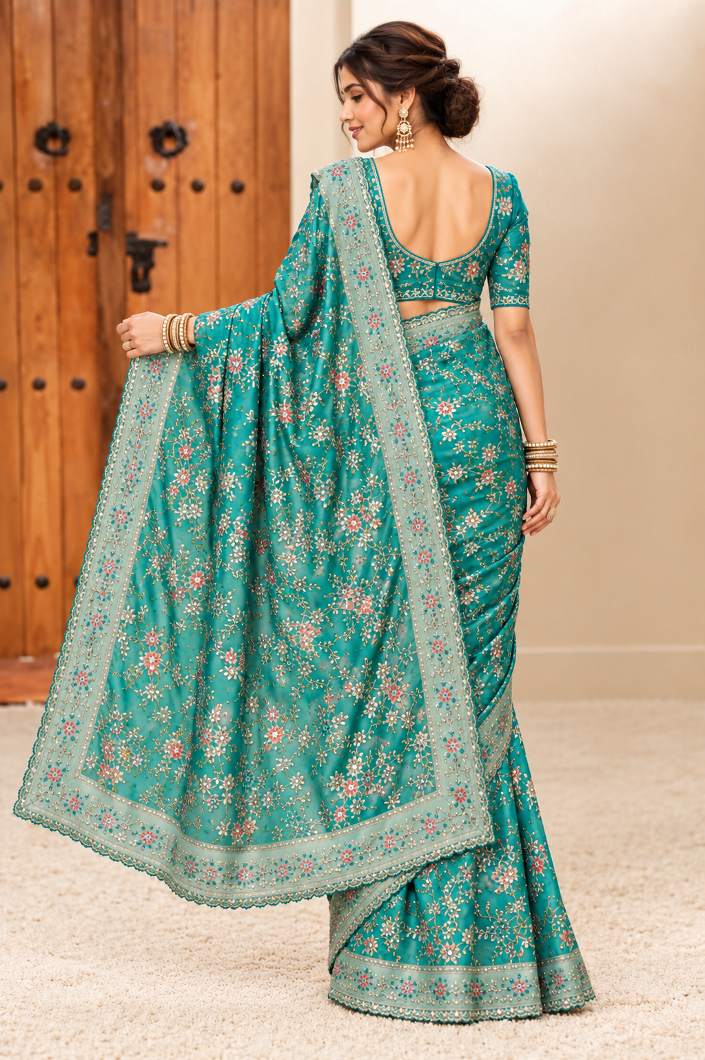 Teal Floral Embroidered Designer Saree