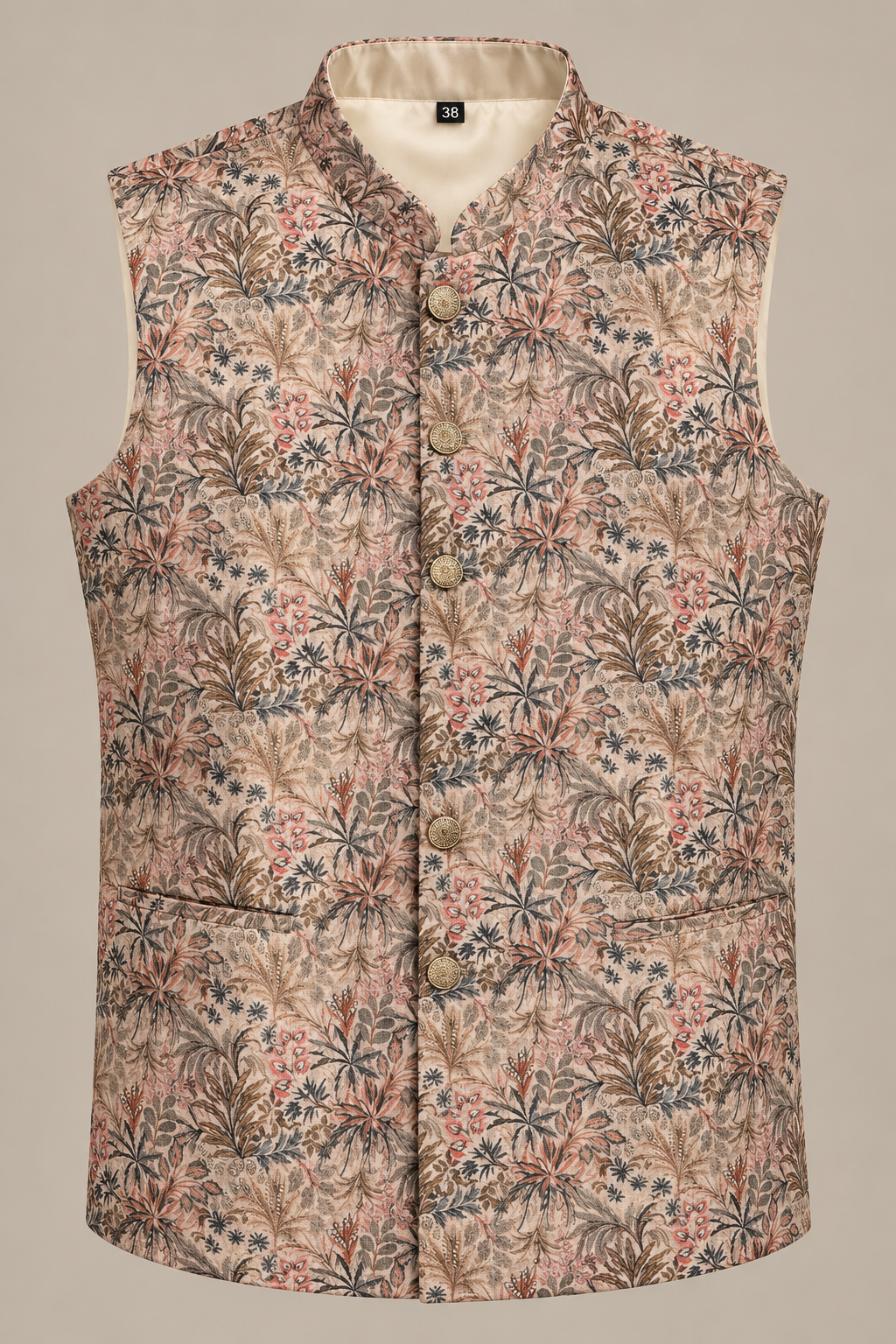 Beige Botanical Printed Nehru Jacket for Men