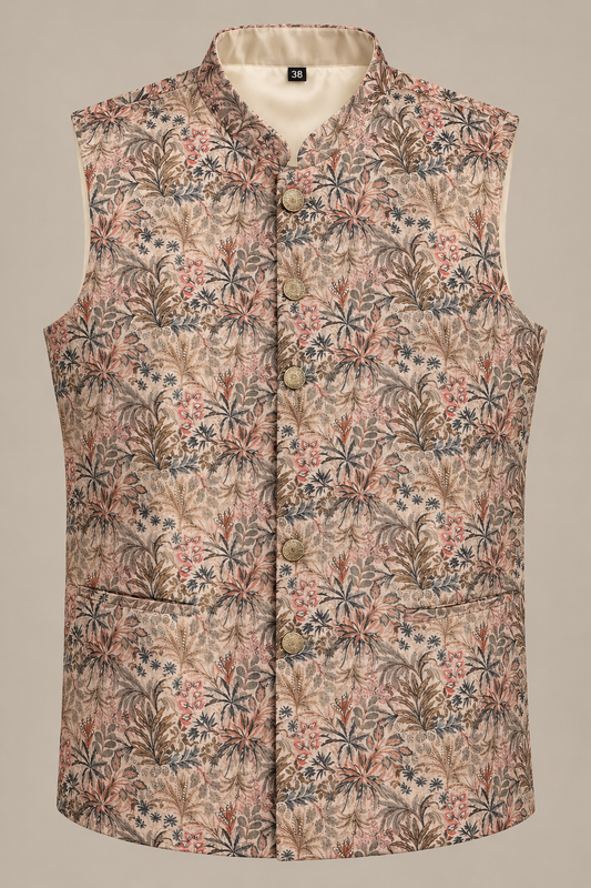 Beige Botanical Printed Nehru Jacket for Men