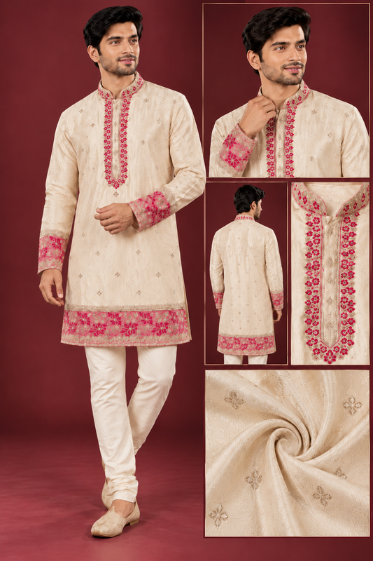 Cream & Pink Embroidered Festive Kurta Set
