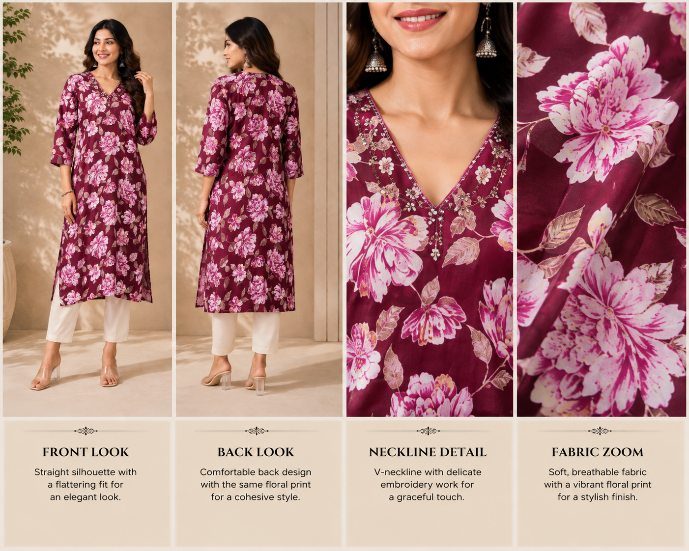 Wine Bloom Floral Kurti