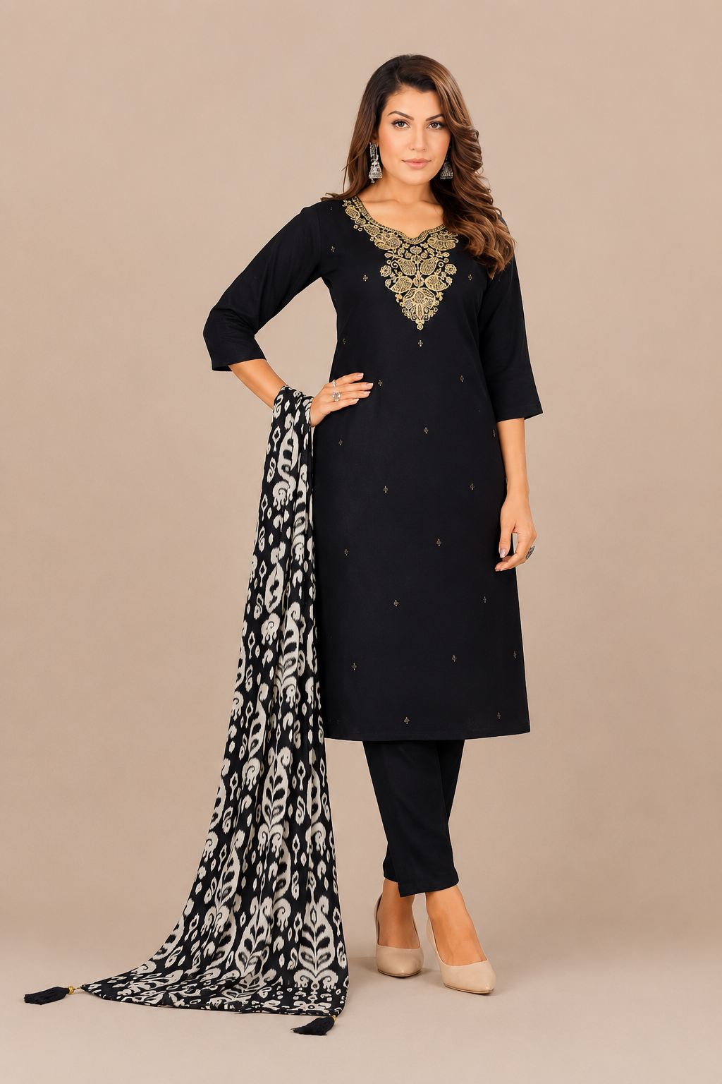 Women’s Black Embroidered Kurta Pant Set with Printed Dupatta