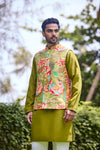 Olive Green Floral Modi Jacket Kurta Se