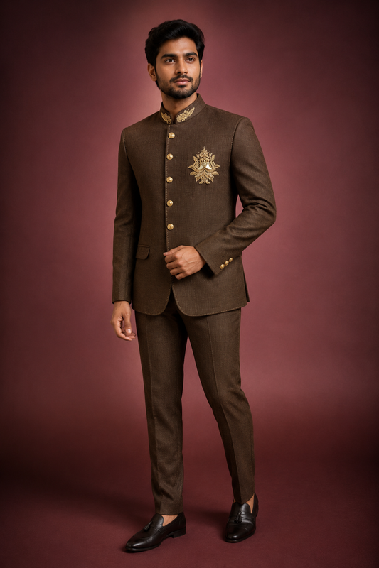 Chocolate Brown Embroidered Jodhpuri Suit