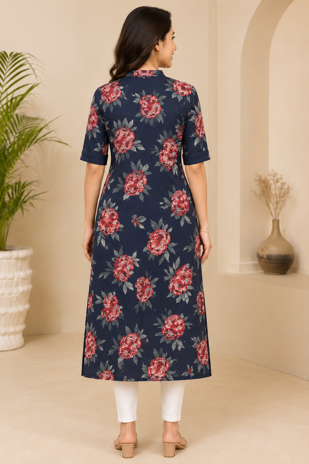 Navy Blue Floral Long Kurti