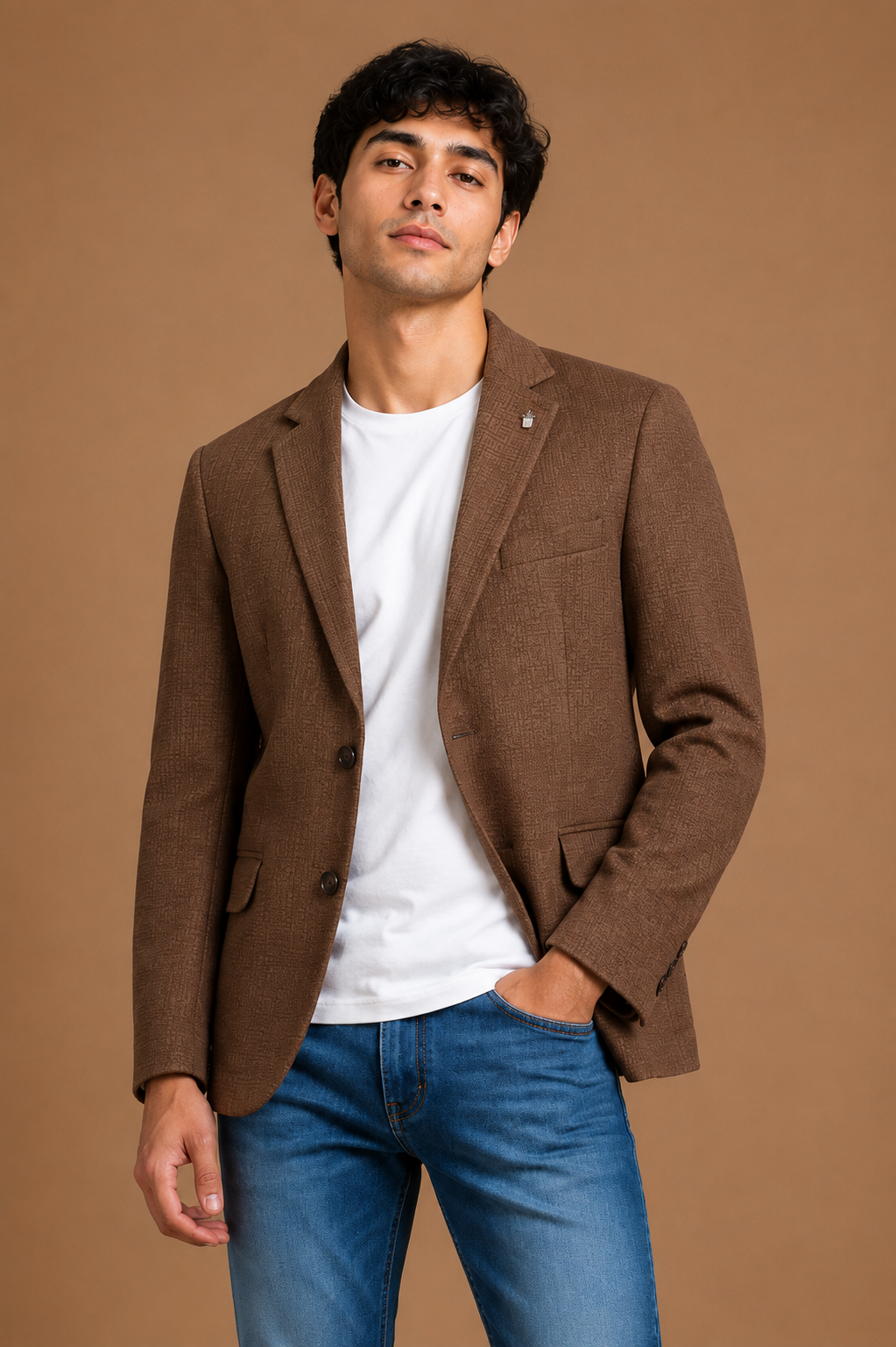 Men's Coffee Brown Textured Casual Blazer