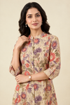 Beige Floral Button-Down Kurti & Wide-Leg Trouser Set