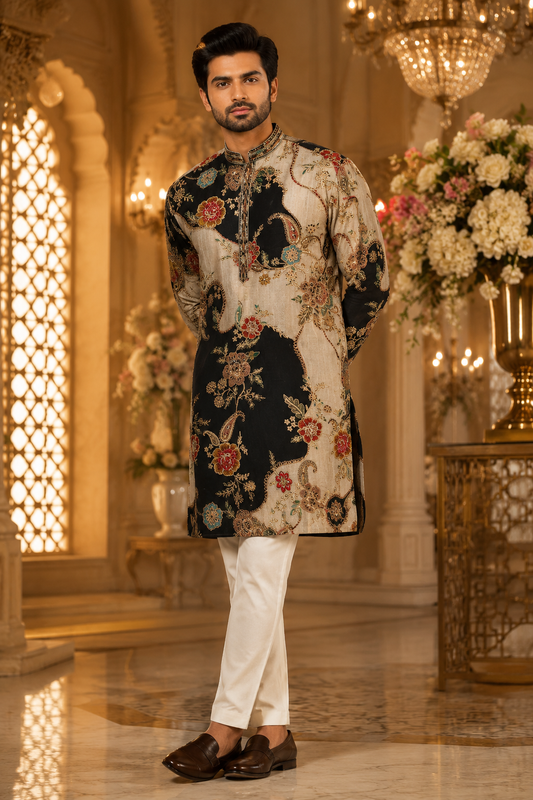 Black & Beige Floral Printed Designer Festive Kurta for Men