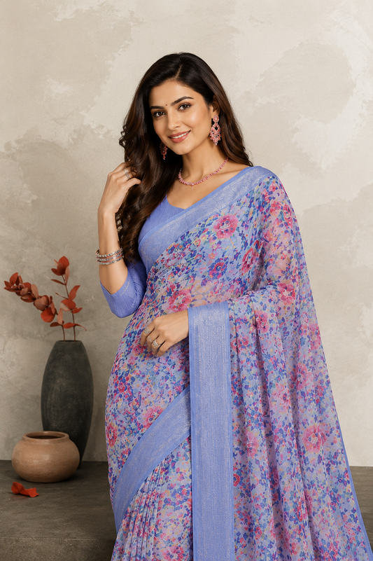 Elegant Lavender Floral Printed Saree with Woven Border