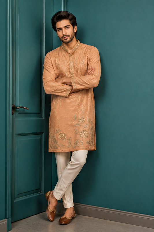 Peach Embroidered Men’s Festive Kurta Set
