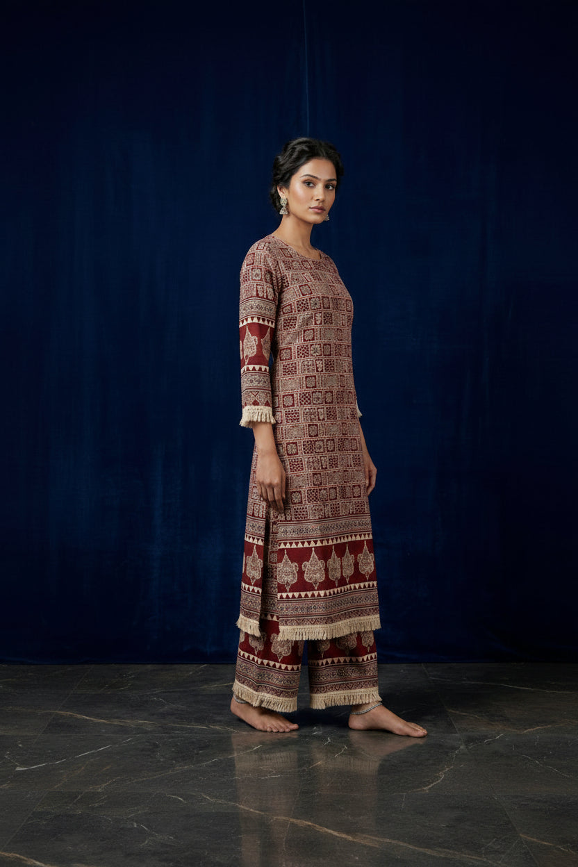 Rust Maroon Ethnic Print Straight Kurta & Wide-Leg Trouser