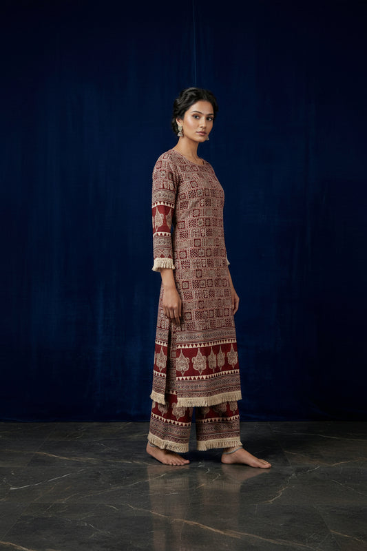 Rust Maroon Ethnic Print Straight Kurta & Wide-Leg Trouser