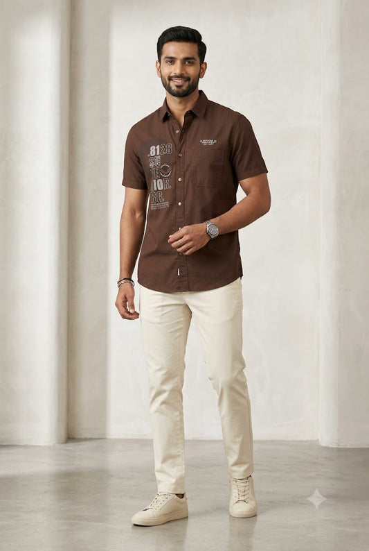 Men's Casual Brown Graphic Print Short Sleeve Shirt | Slim Fit