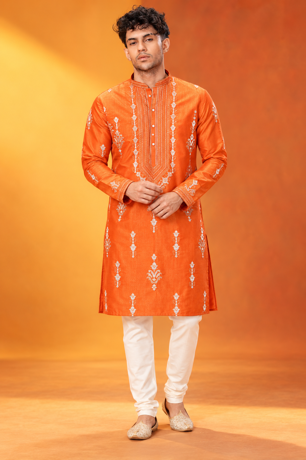Orange Embroidered Festive Kurta Set