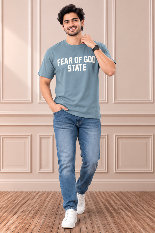Fear of God State Oversized Printed T-Shirt | Dusty Blue Premium Cotton Casual Tee