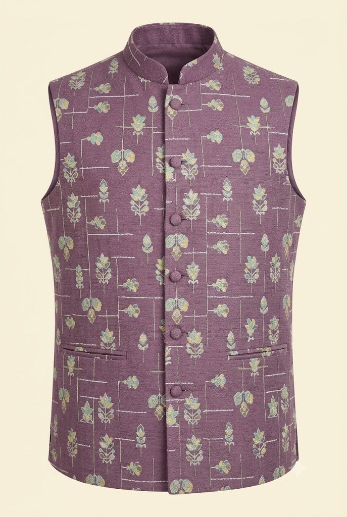 Mauve Floral Printed Nehru Jacket