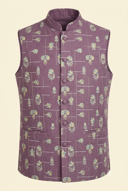 Mauve Floral Printed Nehru Jacket