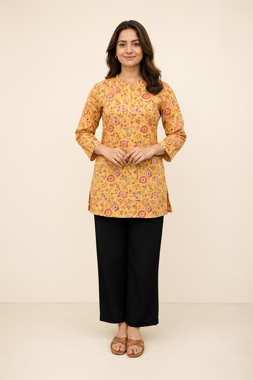 Women’s Yellow Floral Printed Cotton Top with Lace Detailing