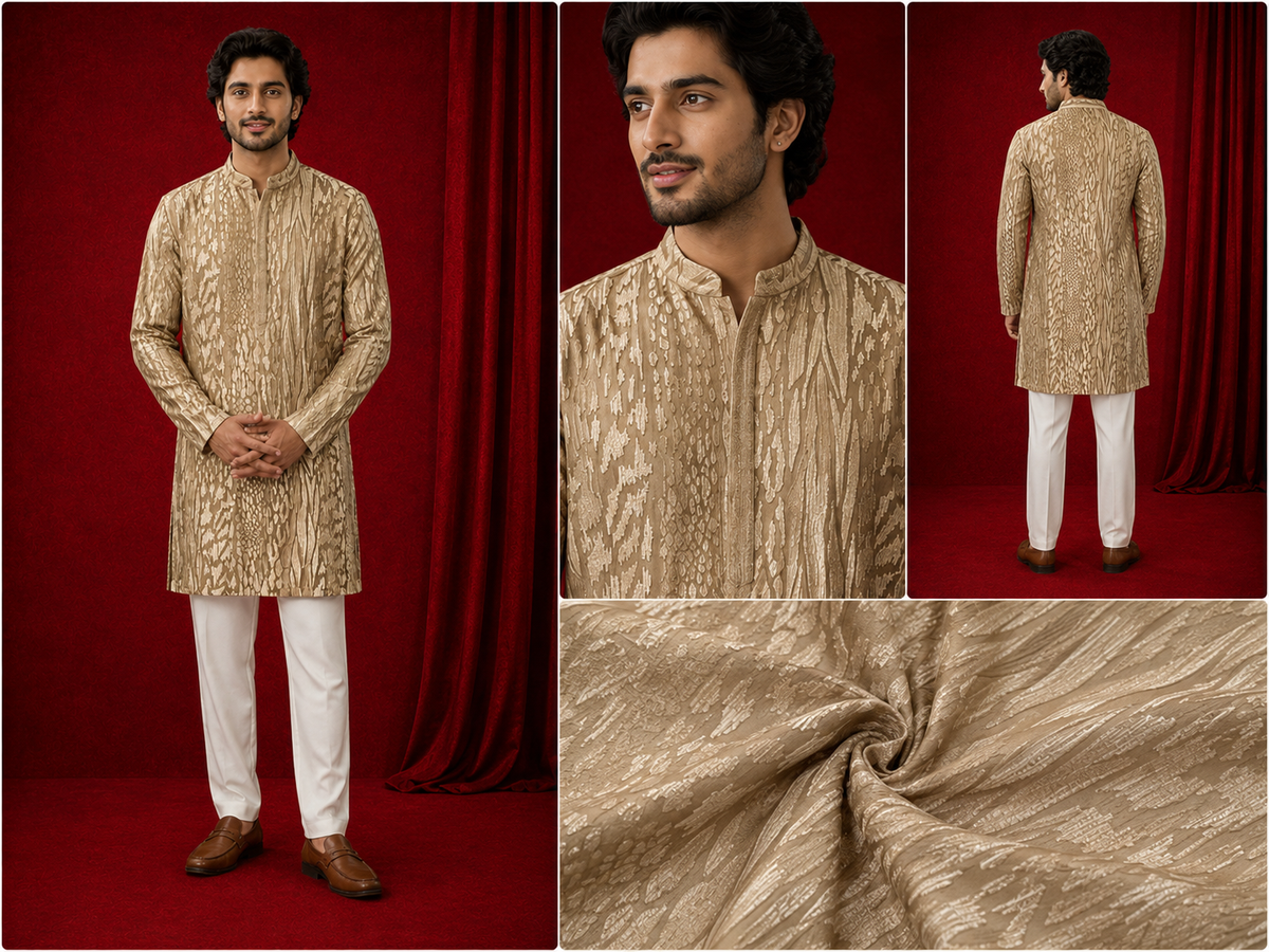 Gold & Metallic Textured Jacquard Kurta  for Men