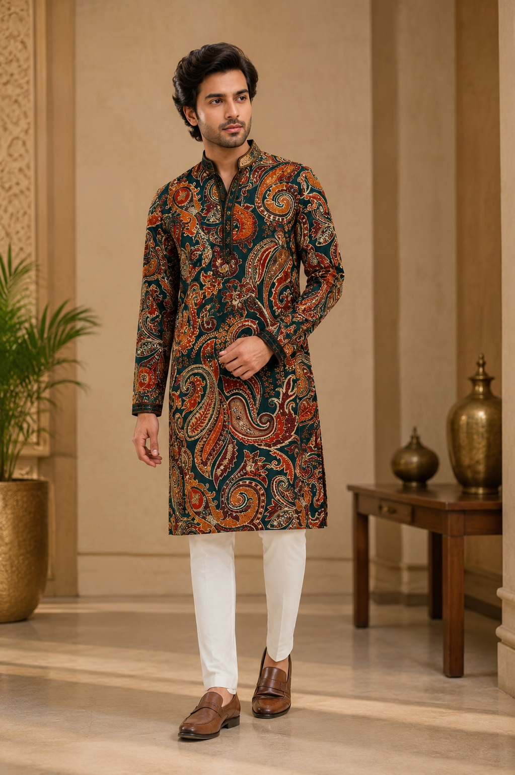 Teal Paisley Printed Festive Kurta for Men