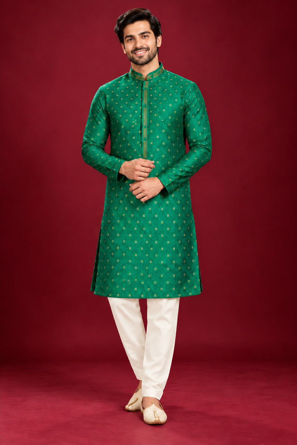 Men’s Emerald Green Jacquard Kurta Pajama Set