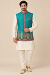 Teal Blue Multicolor Motif  Nehru Jacket