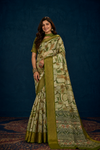 Elegant Olive Green Soft Silk Saree with Artistic Print & Rich Woven Border