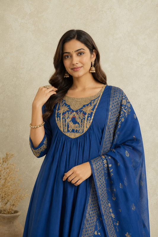Royal Blue Embroidered Kurta Pant Dupatta Set for Women