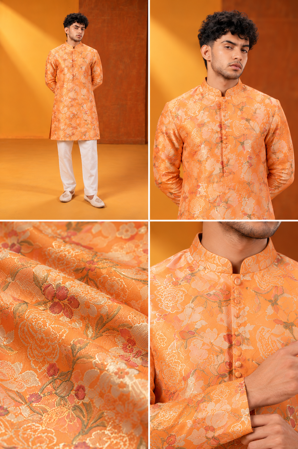 Peach Orange Floral Brocade Men’s Festive Kurta Set