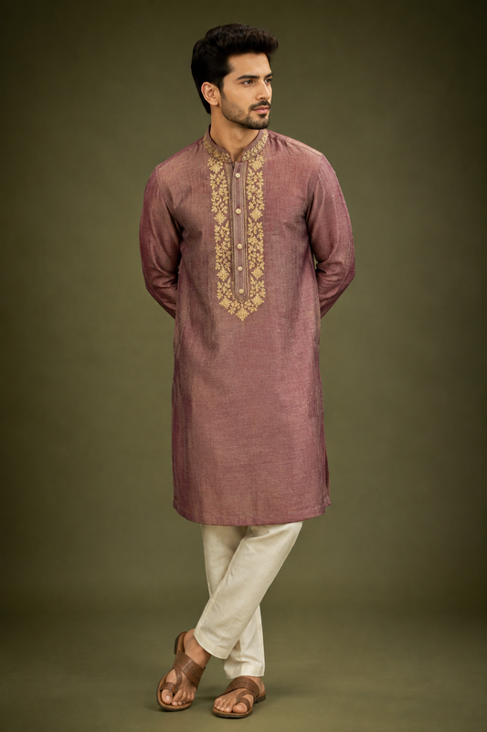 Dusty Rose Embroidered Men’s Festive Kurta
