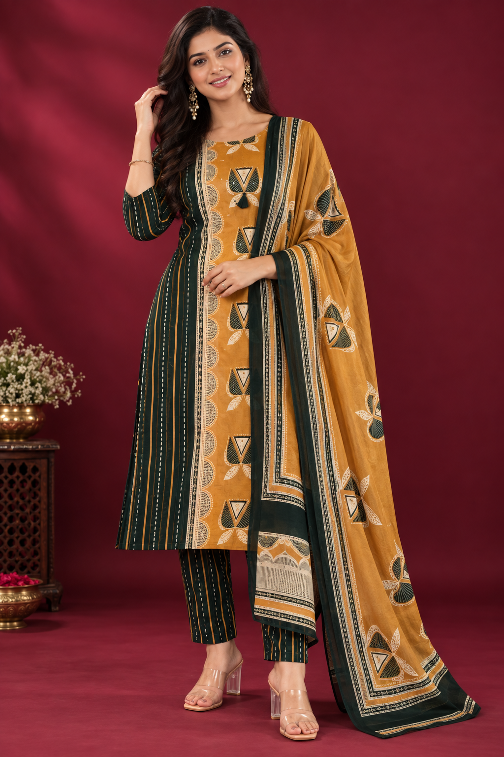 Mustard & Bottle Green Printed Kurta Set with Dupatta