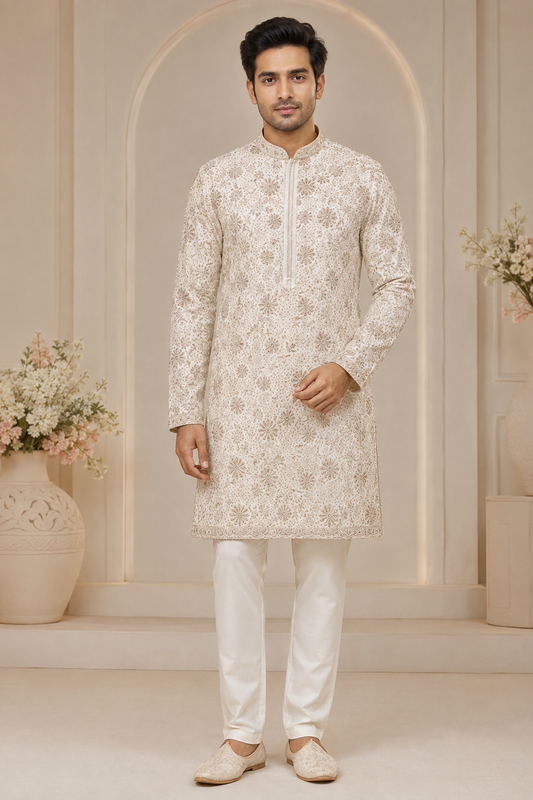 Ivory Floral Embroidered Kurta Pajama Set