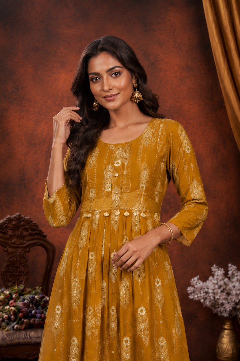 Mustard Gold Printed Kurta Palazzo Set for Women | Elegant Ethnic Wear