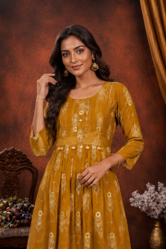 Mustard Gold Printed Kurta Palazzo Set for Women | Elegant Ethnic Wear