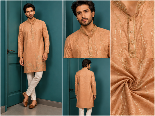Peach Embroidered Men’s Festive Kurta Set