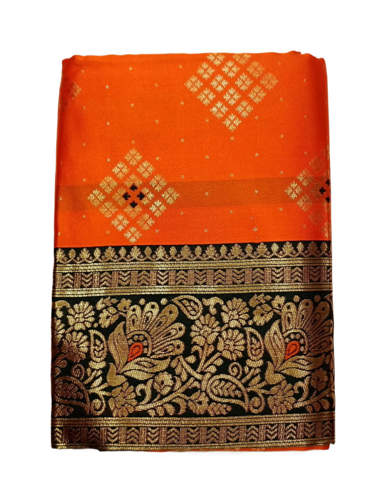 Festive Orange Silk Saree with Black & Gold Woven Border