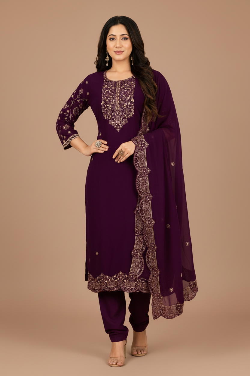 Plum Purple Embroidered Kurta Pant & Dupatta Set for Women