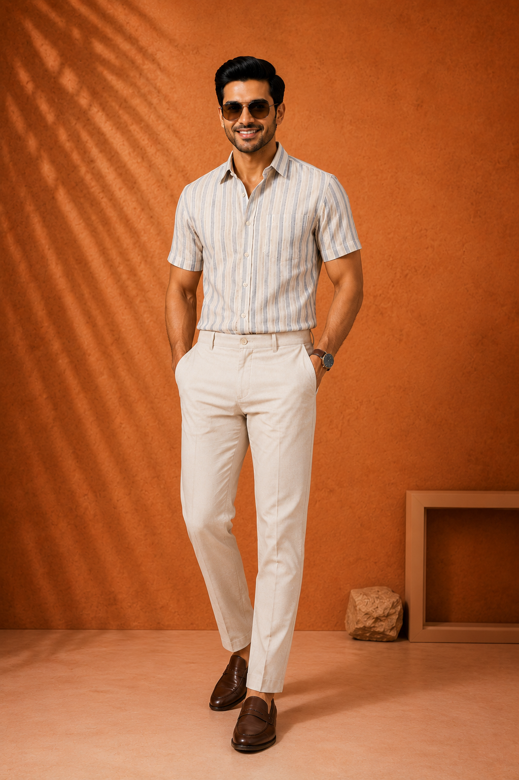 Men's Premium Beige Striped Half Sleeve Casual Shirt