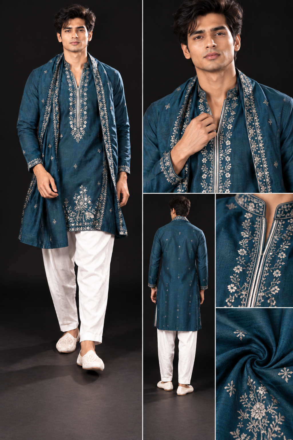 Teal Blue Embroidered Festive Kurta Set