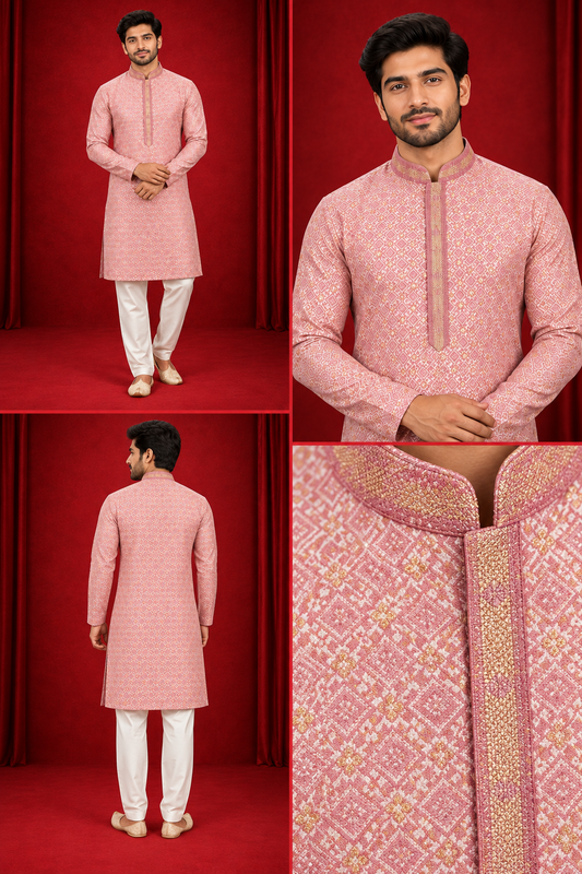 Men’s Blush Pink Jacquard Kurta Pajama Set