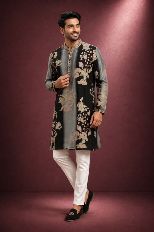 Grey & Black Dual-Tone Floral Embroidered Kurta Set Men