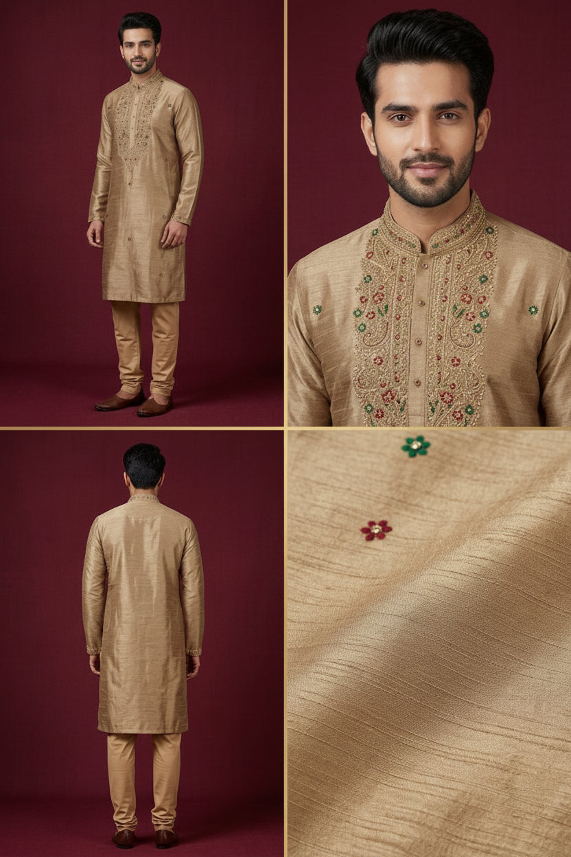 Golden Beige Embroidered Festive Kurta Set