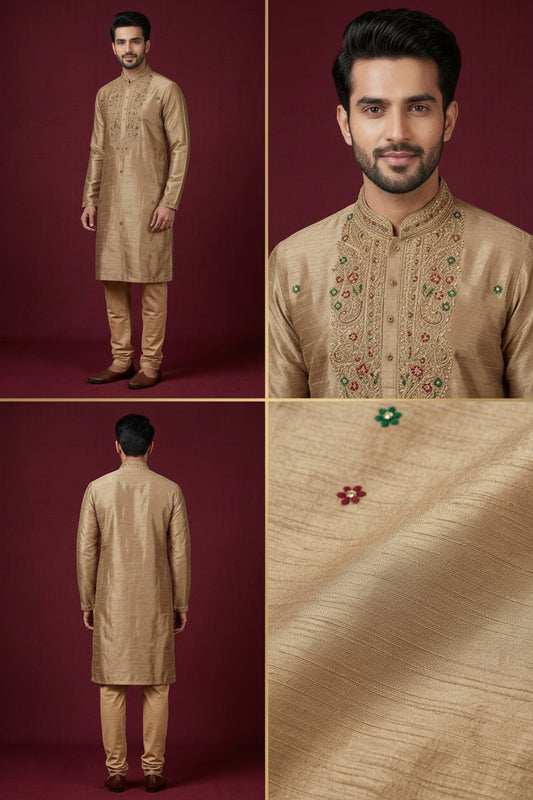 Golden Beige Embroidered Festive Kurta Set
