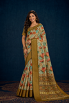 Elegant Floral Print Soft Silk Saree with Rich Golden Zari Border
