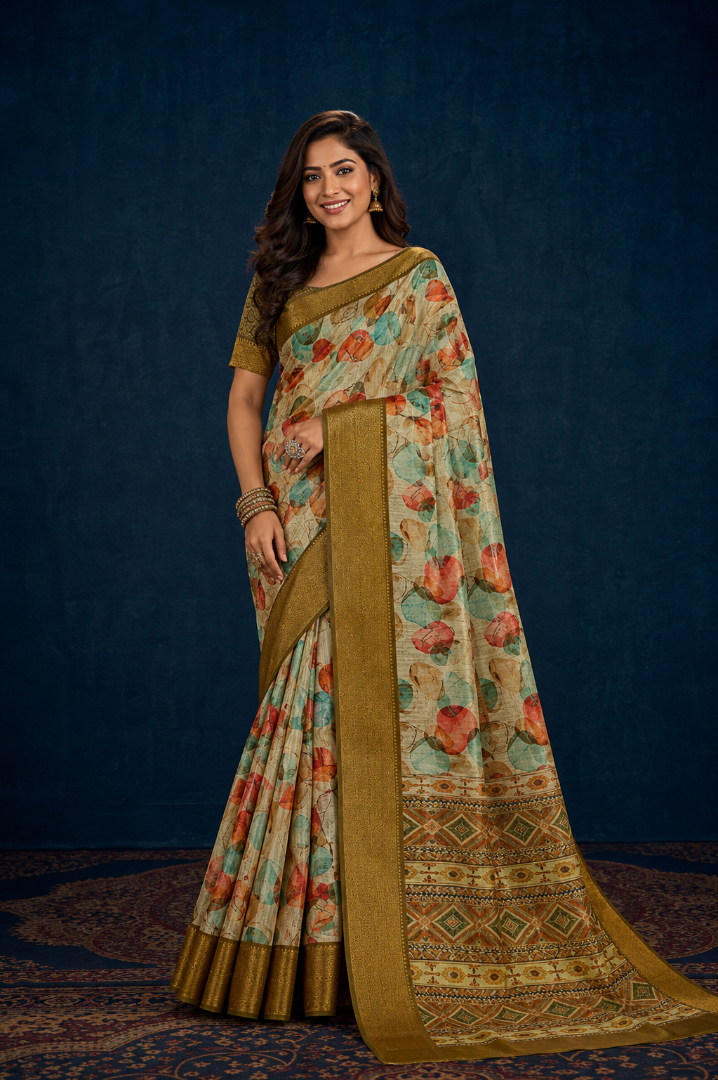 Elegant Floral Print Soft Silk Saree with Rich Golden Zari Border