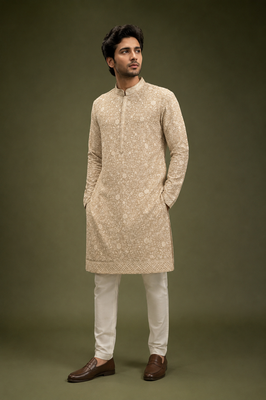Beige Floral Embroidered Men’s Festive Kurta