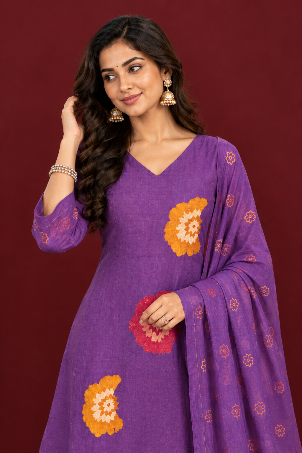 Royal Purple Floral Print Kurta Set with Dupatta
