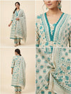 Off-White & Teal Floral Block Print A-Line Kurta Set with Lace Hem & Dupatta